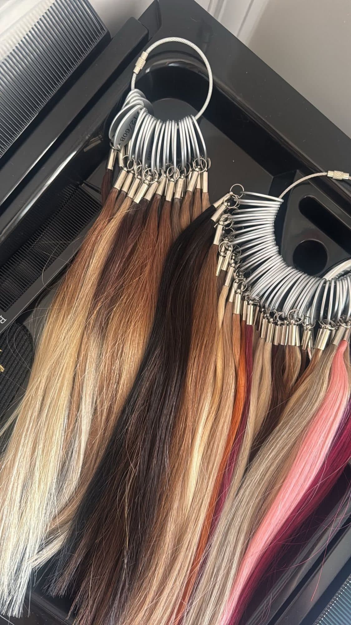 Hair extension colour rings on the trolley