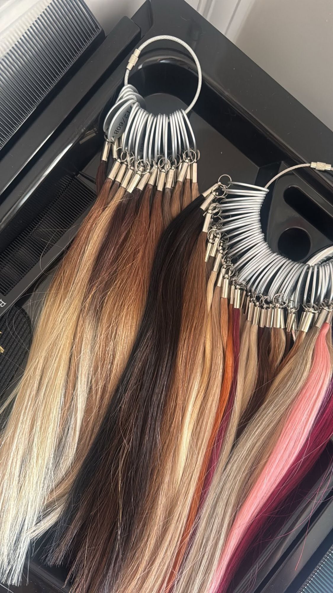 Hair extension colour rings on the trolley